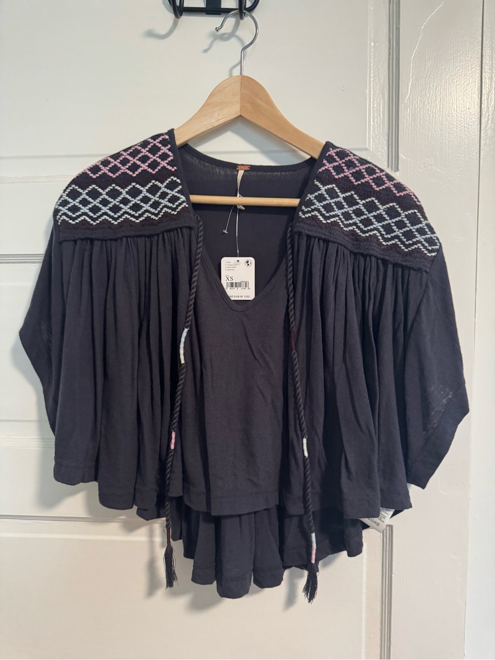 Free People Black Embroidered Cropped Shirt with Pink, Purple & White Accents